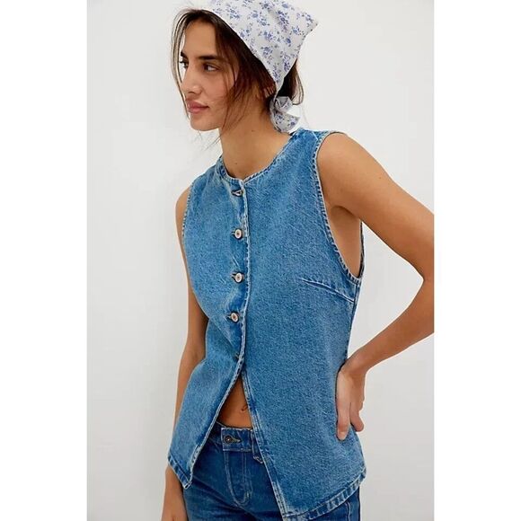 New We The Free people Aimee Vest blue  jeans size XL - Picture 3 of 6